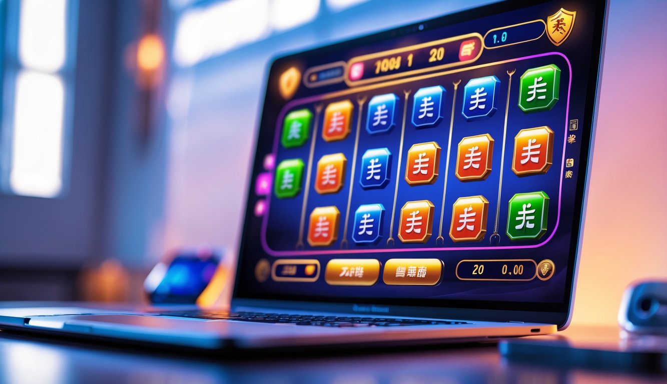 Layar komputer menampilkan permainan slot online bertema mahjong dengan simbol ubin mahjong berwarna-warni, di lingkungan yang bersih dan aman.