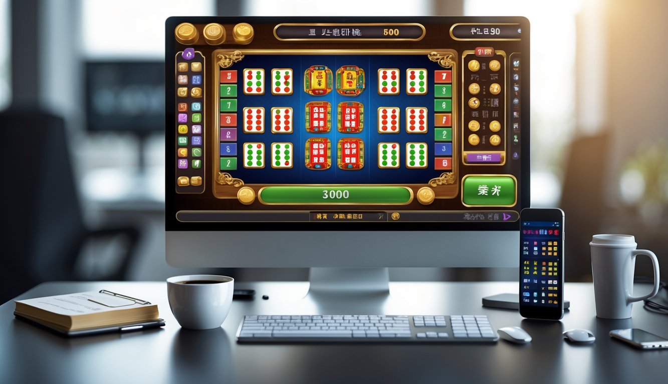 Seorang pemain duduk di depan komputer dengan permainan slot Mahjong digital yang berwarna-warni di layar, di meja terdapat catatan dan secangkir kopi.