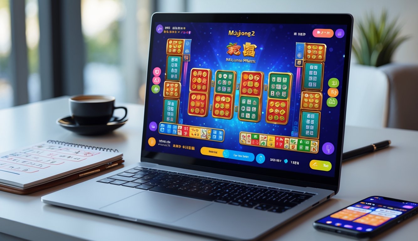 Seorang pemain judi slot online dengan tema Mahjong sedang menggunakan laptop di meja kerja yang rapi, dengan catatan dan ponsel di sampingnya.