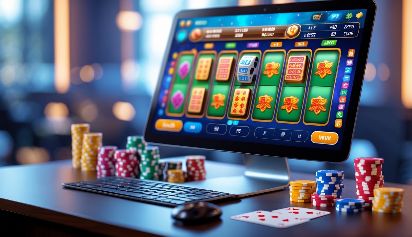 Sebuah komputer dengan permainan slot Mahjong di layar, dikelilingi oleh chip poker dan dadu di atas meja kayu.