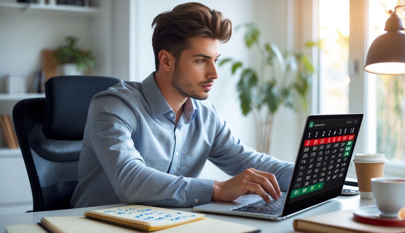 Seorang dewasa muda duduk di meja dengan laptop, menganalisis data dan angka di layar dalam ruang kerja rumah yang rapi.