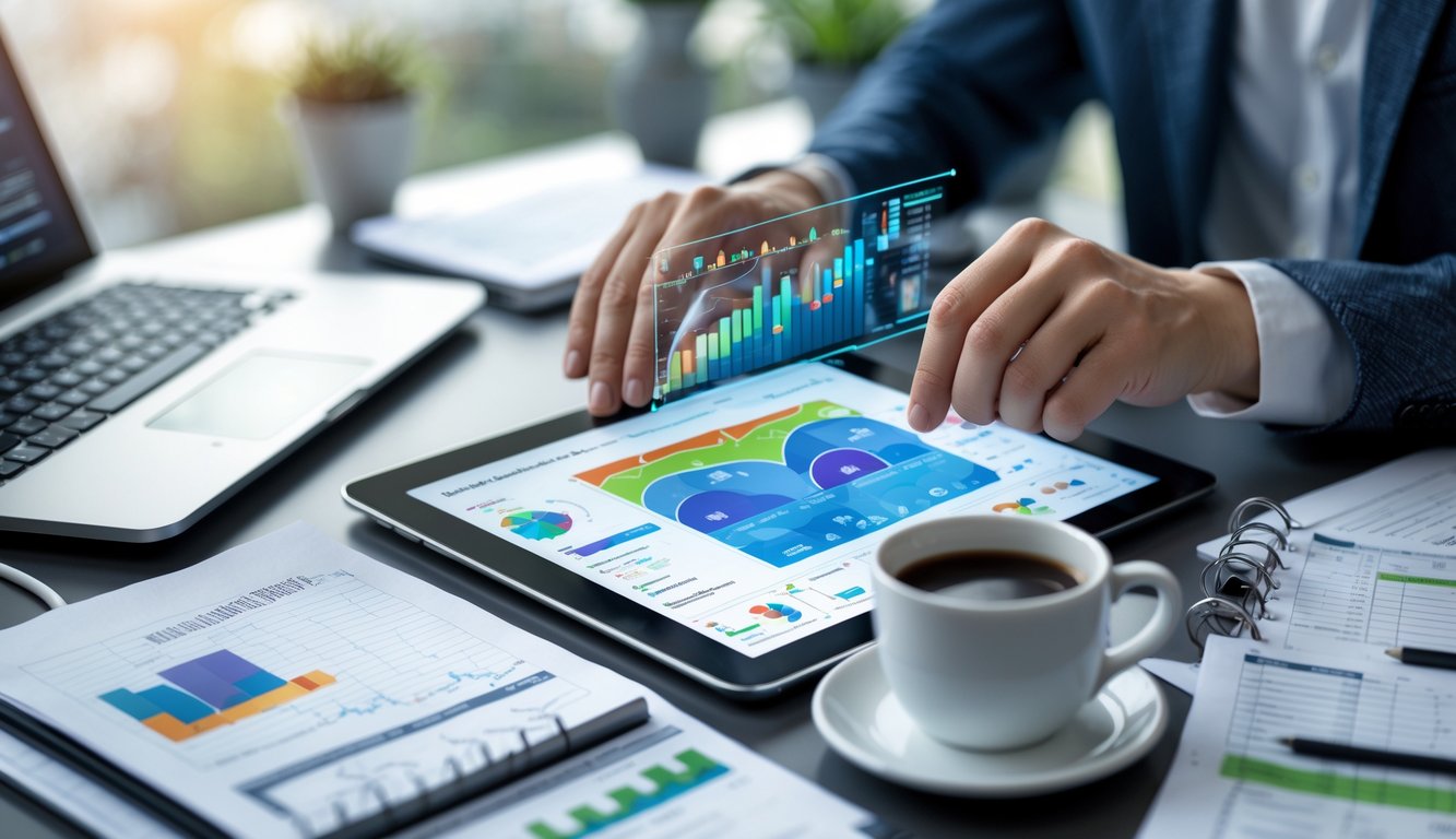 Seorang profesional sedang menganalisis data dan statistik di meja kerja dengan perangkat digital dan dokumen.