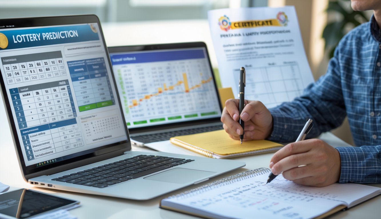 Orang sedang menganalisis data prediksi angka togel di meja kerja dengan laptop dan catatan.