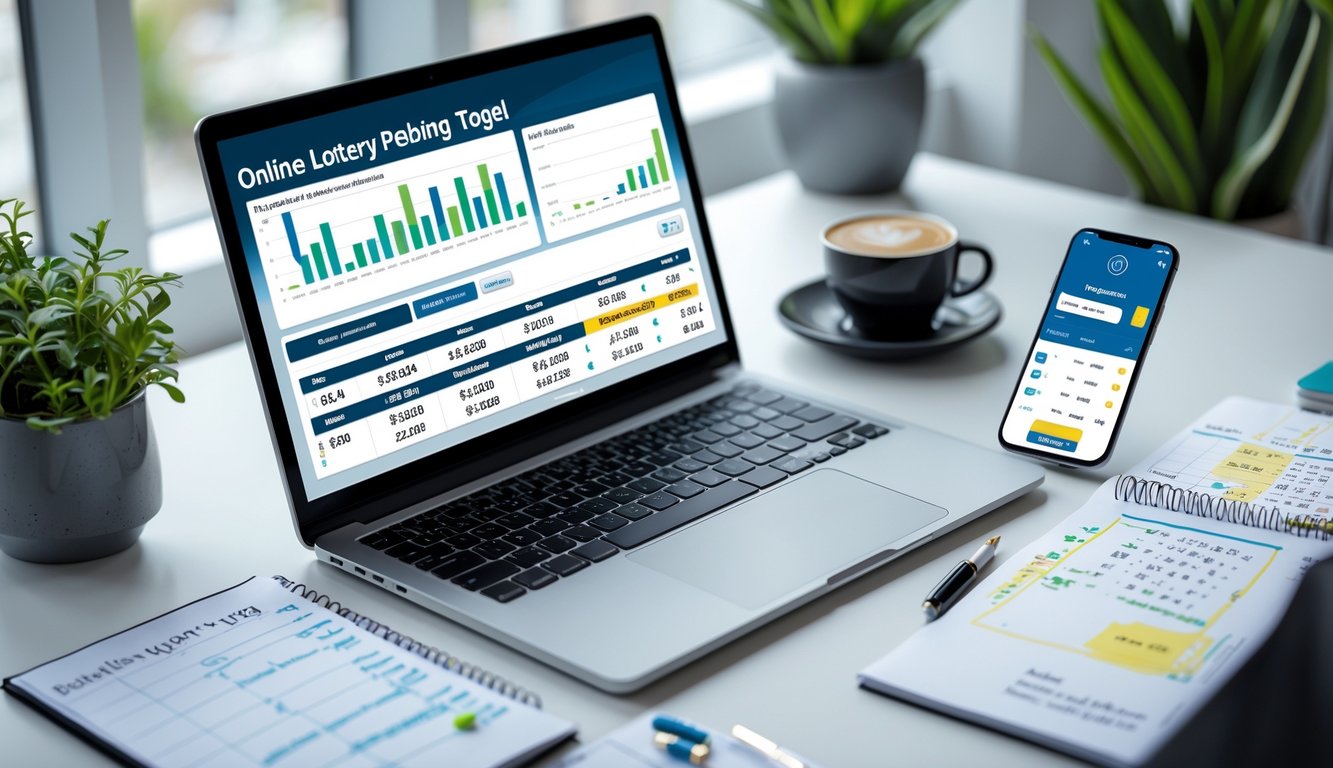 Meja kerja dengan laptop, ponsel, dan catatan yang menunjukkan aktivitas prediksi dan taruhan togel online.