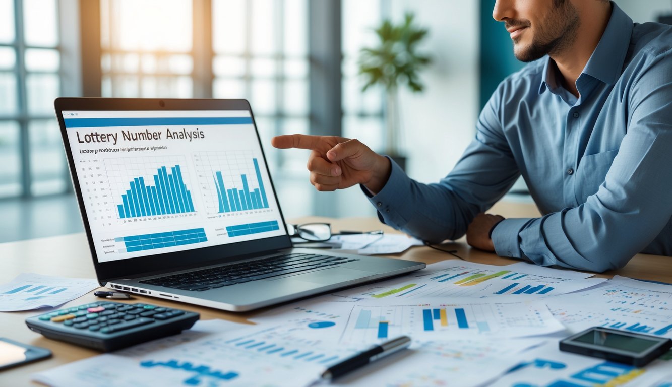 Seorang profesional sedang menganalisis angka togel di meja kerja dengan laptop, kertas, dan kalkulator di ruang kantor yang rapi.