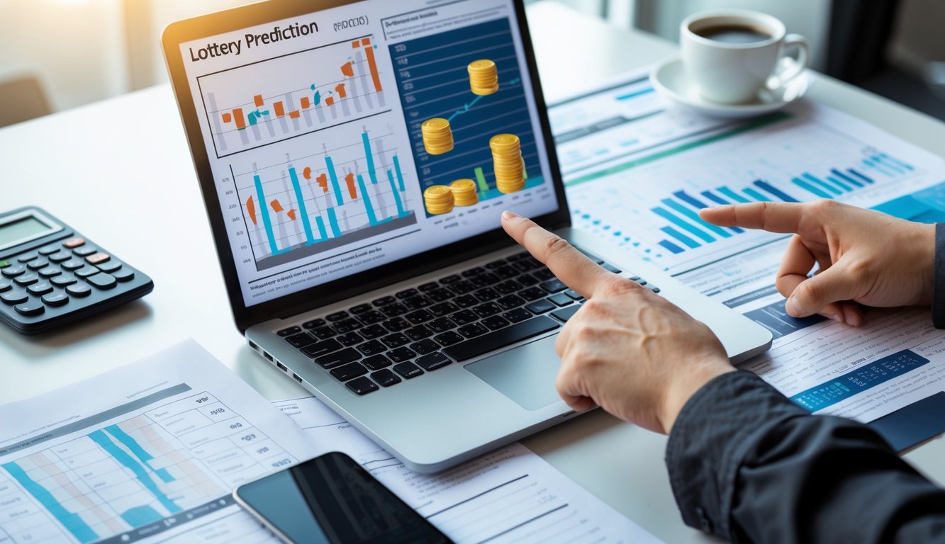 Meja kerja dengan laptop yang menampilkan grafik dan data, tangan menunjuk layar, serta kertas dengan data historis tersebar di sekitar.