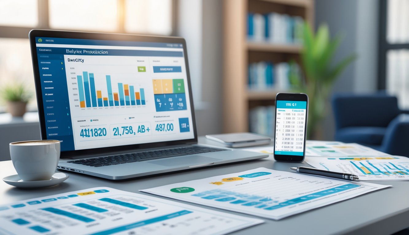 Meja kerja modern dengan laptop, ponsel, dan dokumen berisi data prediksi togel harian.