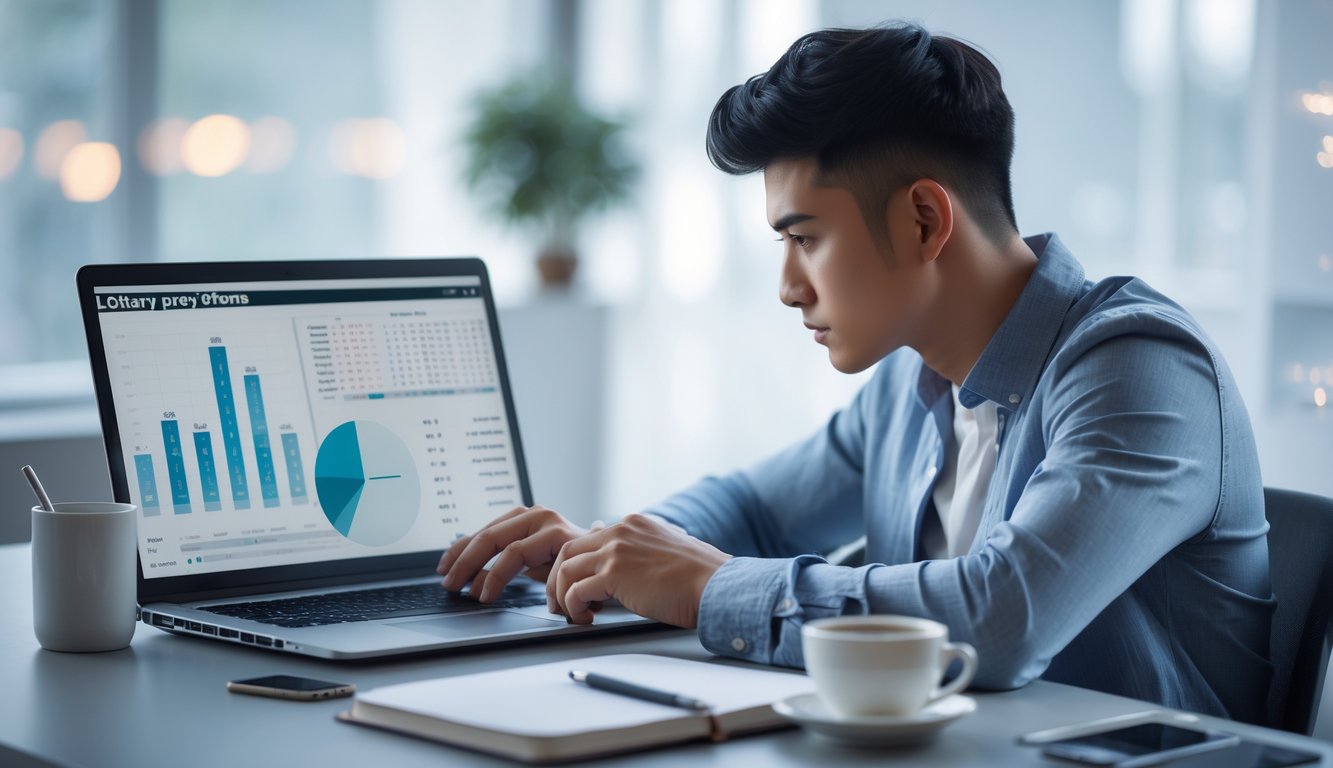 Seorang dewasa muda duduk di meja dengan laptop dan buku catatan, fokus menganalisis data prediksi togel di ruang kerja rumah yang tenang.