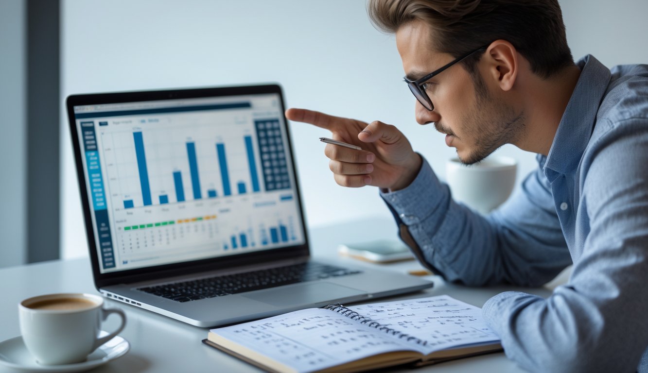 Seseorang sedang menganalisis data angka dan grafik di meja kerja dengan laptop dan catatan.