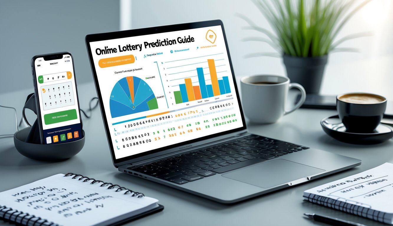 Seorang pria duduk di depan laptop dengan layar menampilkan grafik dan angka prediksi togel, dikelilingi oleh smartphone, buku catatan, dan cangkir kopi di meja kerja.