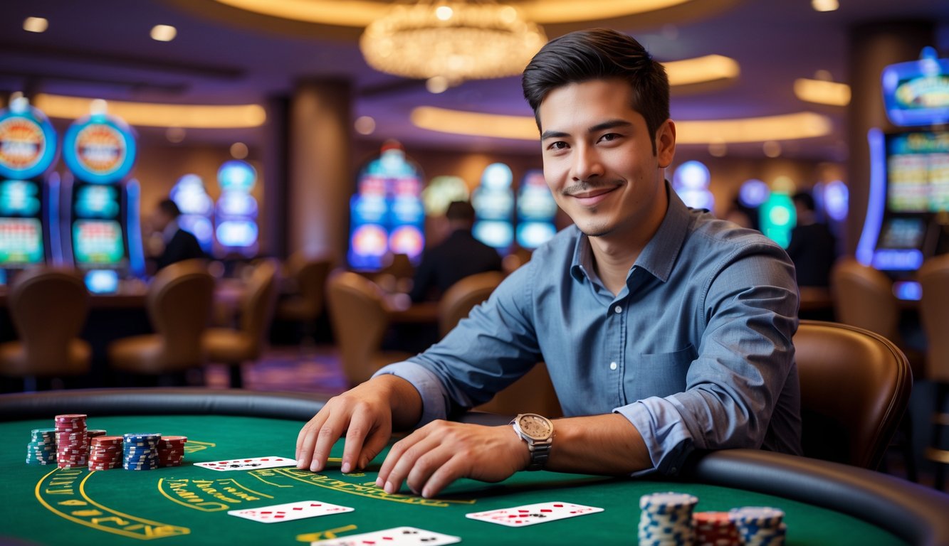 Seorang pria muda duduk di meja blackjack di kasino dengan kartu dan chip, fokus bermain dan tersenyum.