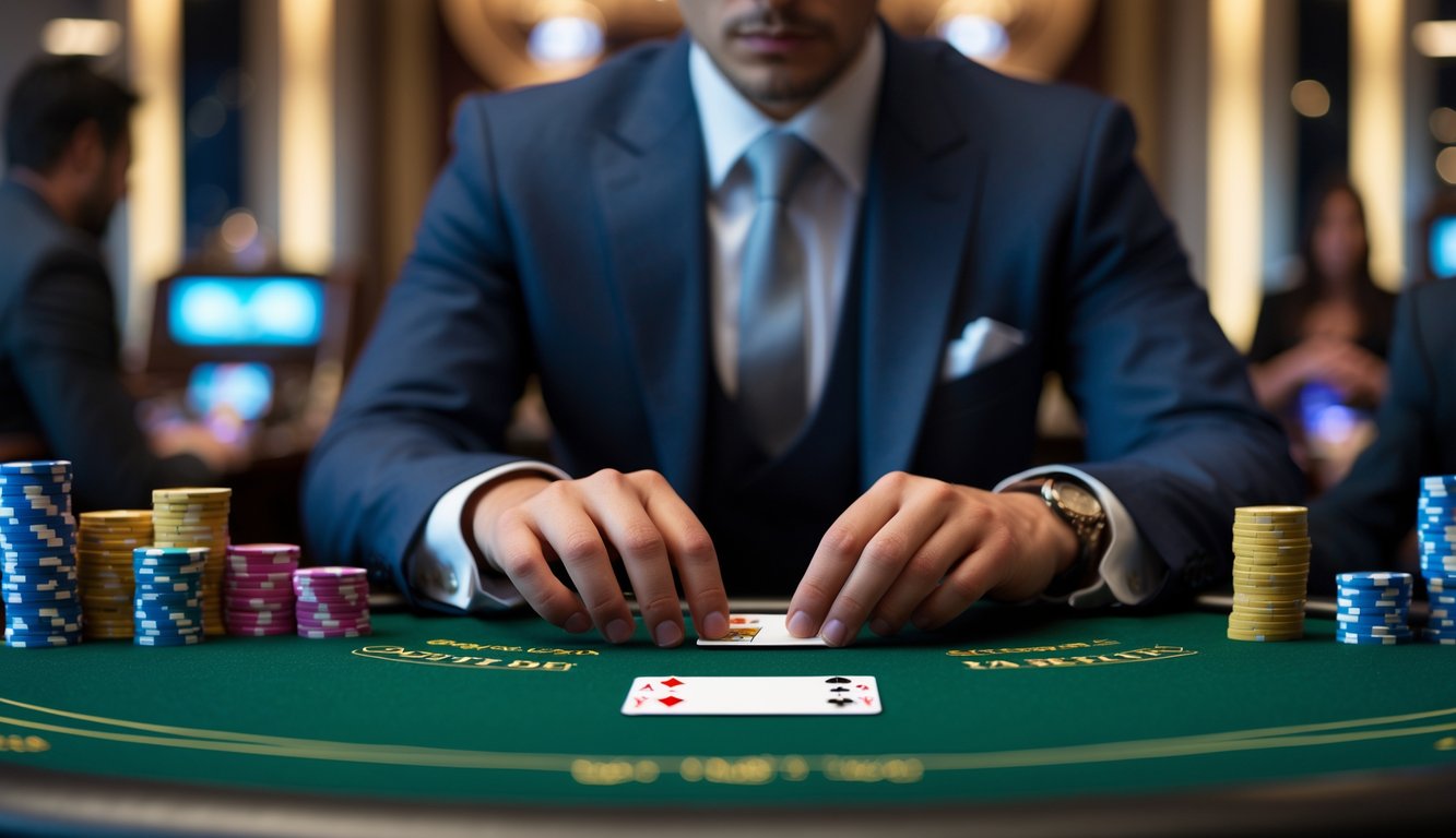 Seorang pemain berjudi blackjack duduk di meja kasino dengan tumpukan chip dan kartu, fokus bermain dalam suasana kasino yang mewah.