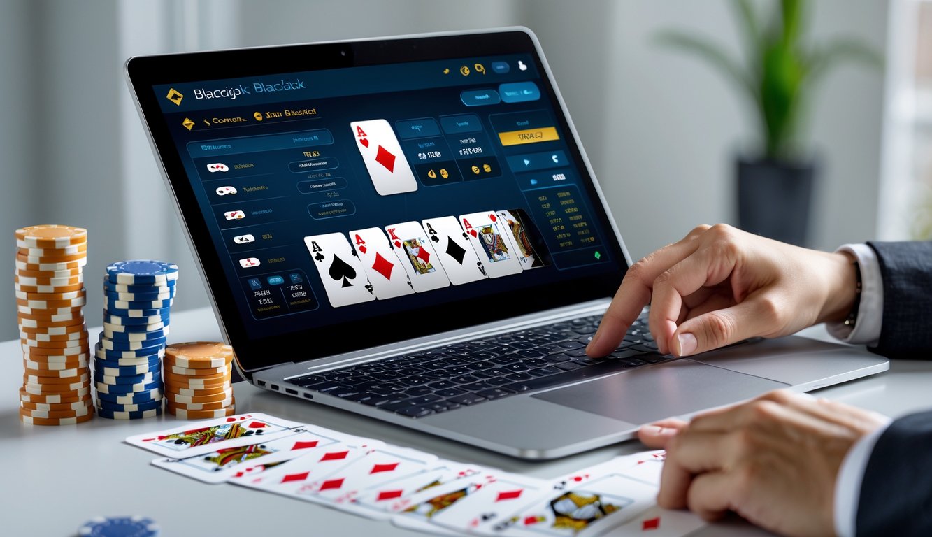 Seseorang sedang bermain blackjack online dengan komputer dan kartu serta chip poker di atas meja.