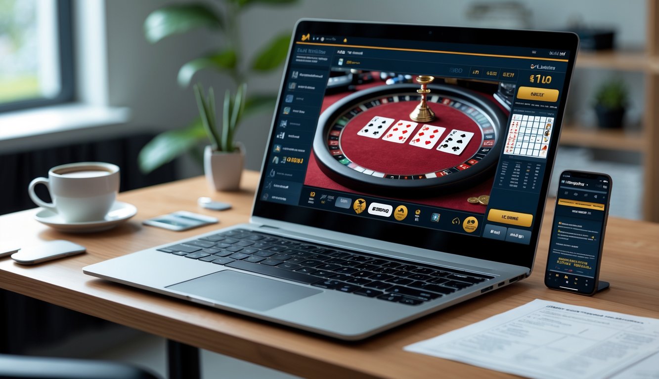 Seorang pemain sedang menggunakan laptop dengan permainan blackjack online di layar, dikelilingi oleh catatan strategi dan ponsel di atas meja kayu yang rapi.
