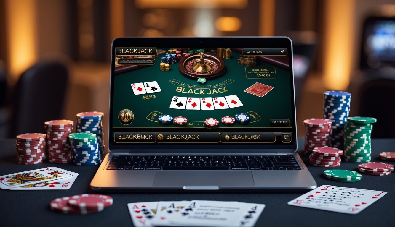 Seorang pemain duduk di depan laptop dengan tampilan permainan blackjack online, dikelilingi kartu remi, chip poker, dan buku catatan strategi.