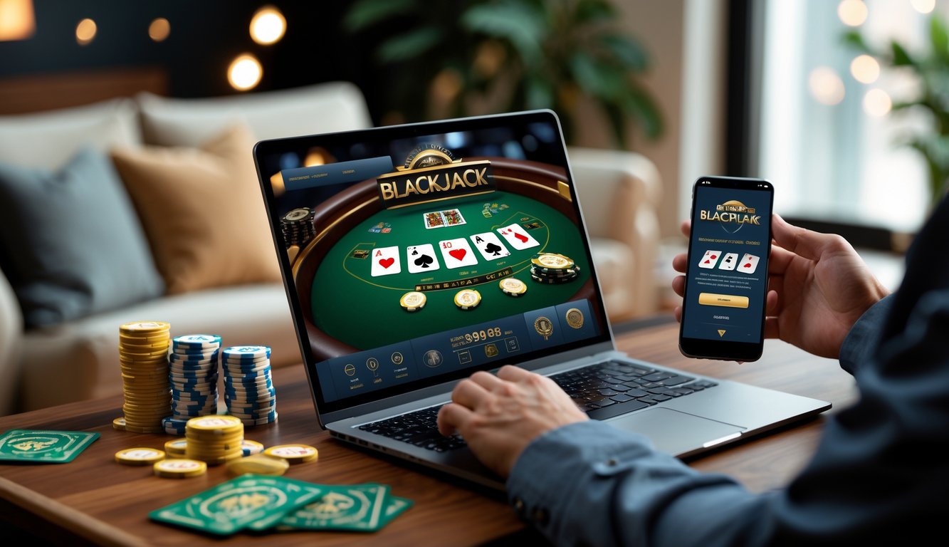 Seorang pemain baru sedang menggunakan komputer dengan permainan blackjack online yang terlihat jelas di layar, di meja terdapat chip dan ponsel dengan aplikasi taruhan, di dalam ruangan yang nyaman.