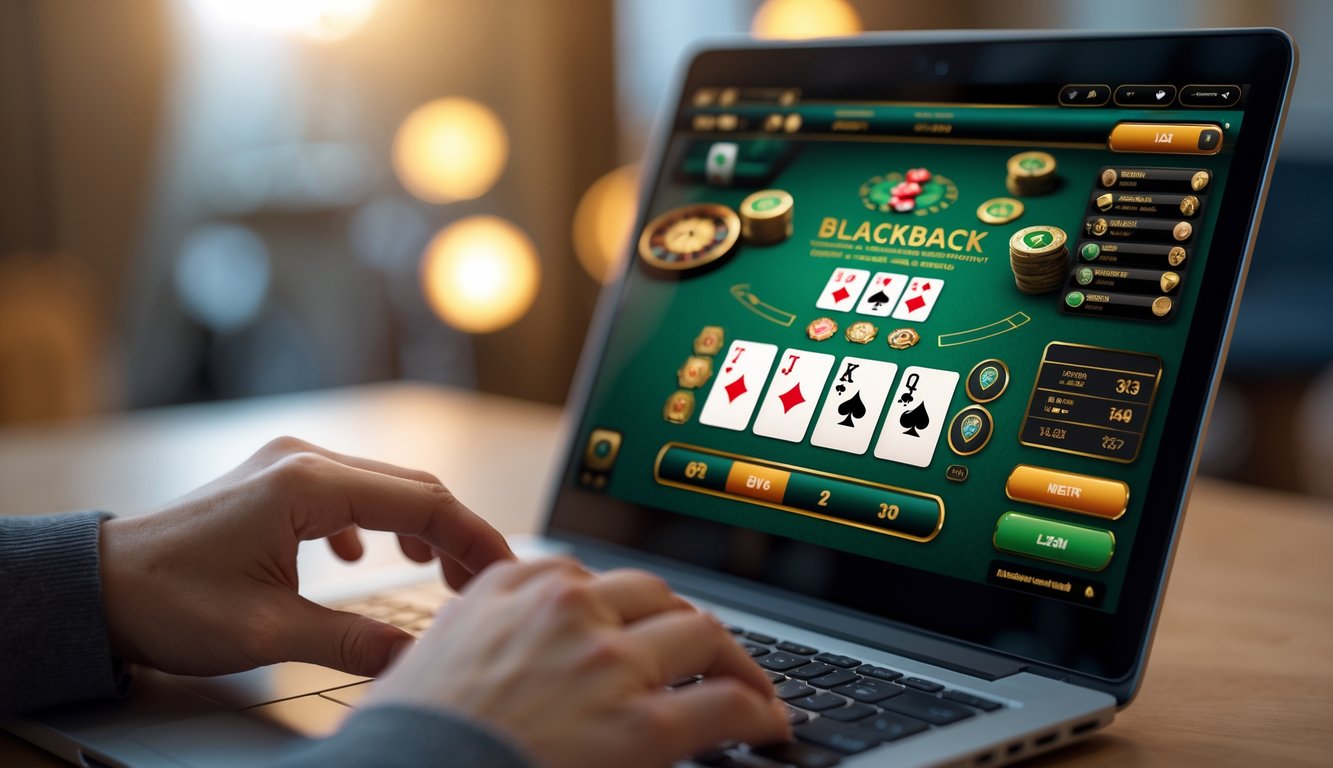 Seseorang sedang bermain blackjack online di komputer dengan kartu dan chip taruhan terlihat jelas.