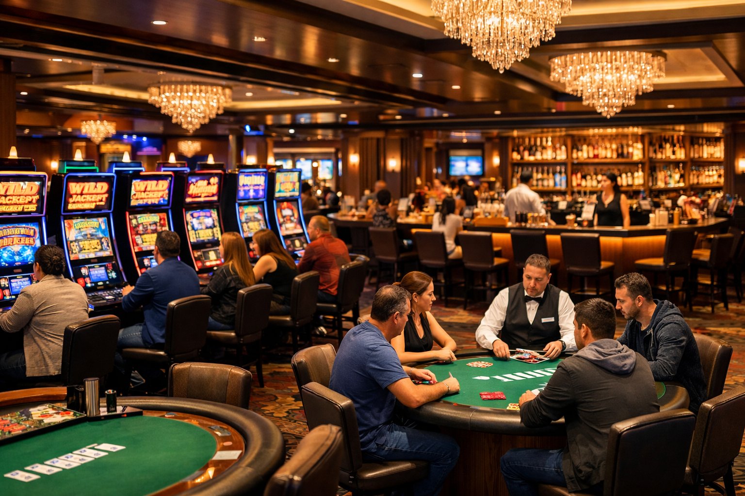 Interior View Of A Casino With Slot Machines, Poker Tables, And People Playing Games.
