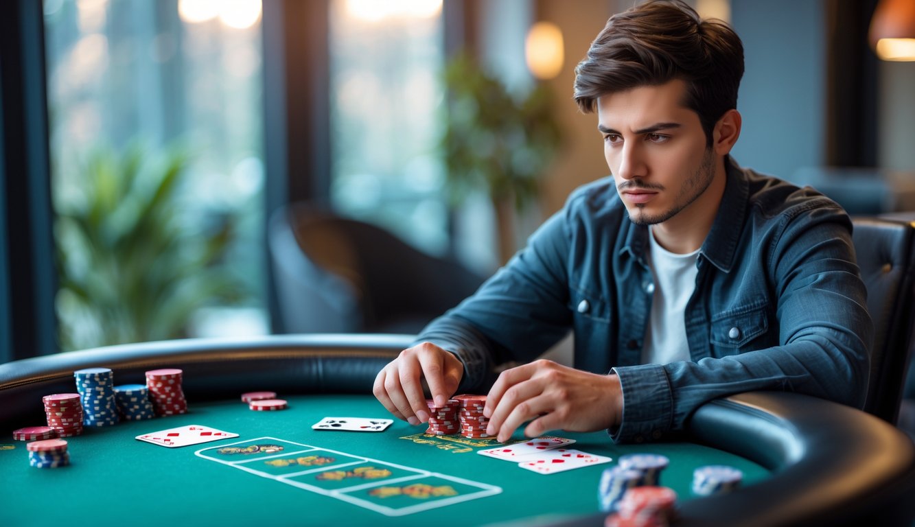 Seorang dewasa muda duduk di meja poker dengan tumpukan chip dan kartu, terlihat fokus dan serius bermain poker.