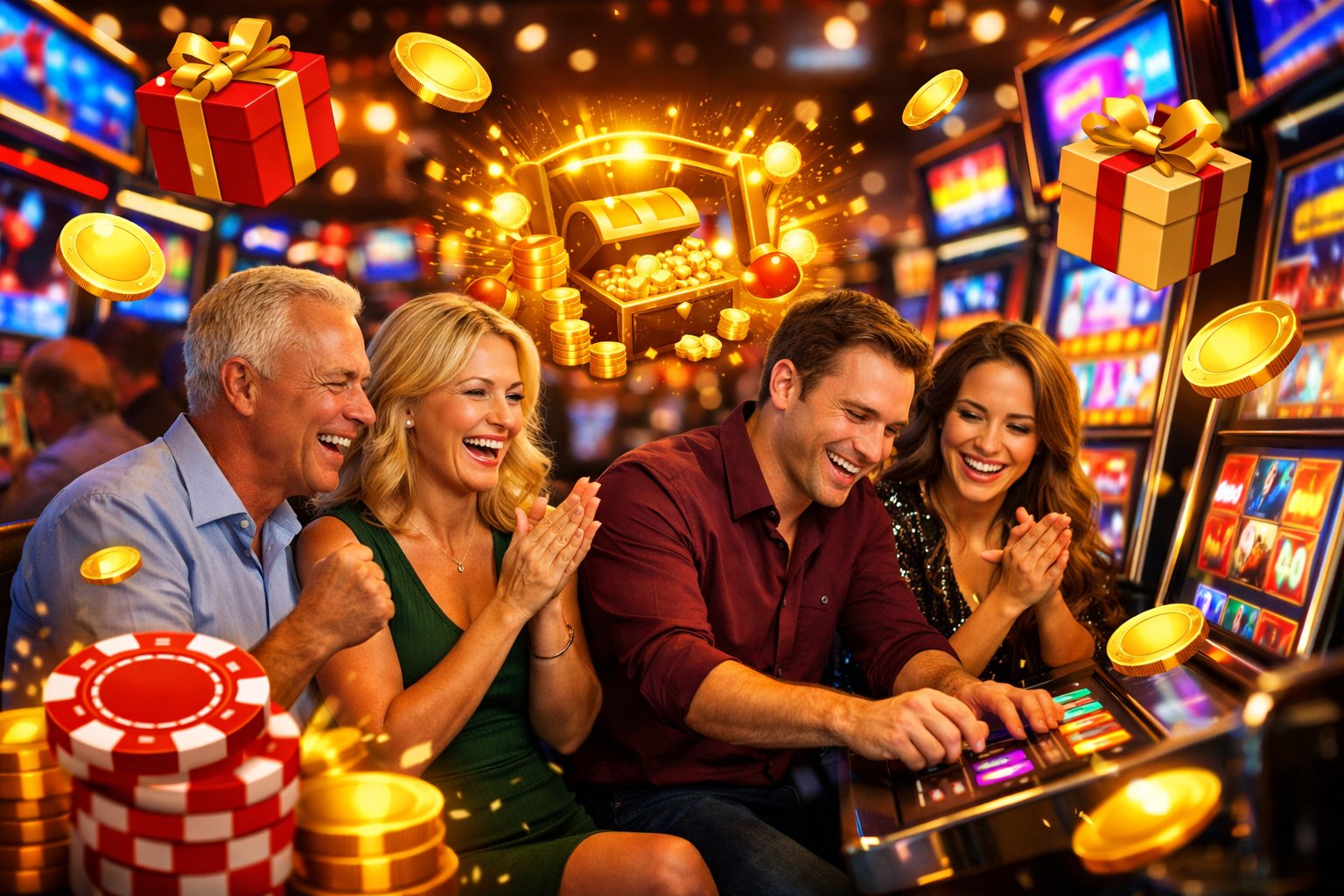 A Group Of People Enjoying Slot Machines And Colorful Casino Lights Representing Bonuses And Promotions.