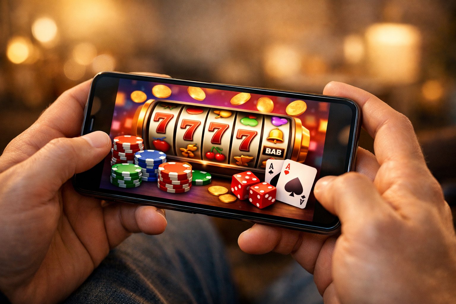 CloseUp Of Hands Holding A Smartphone Showing An Online Casino Game With Slot Reels And Poker Chips.