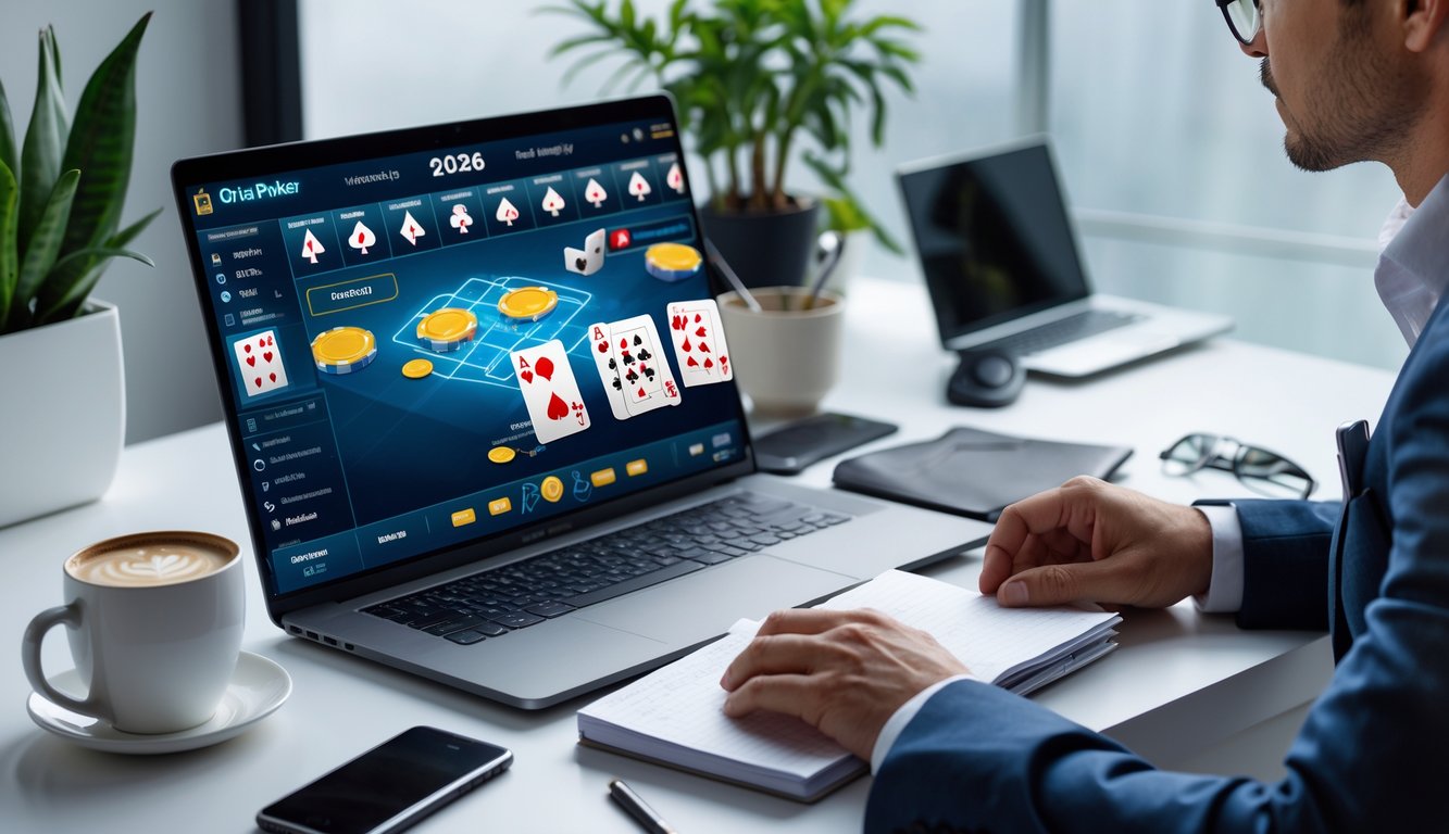 Seseorang duduk di meja kerja dengan laptop yang menampilkan permainan poker online, catatan strategi, dan suasana yang tenang dan profesional.