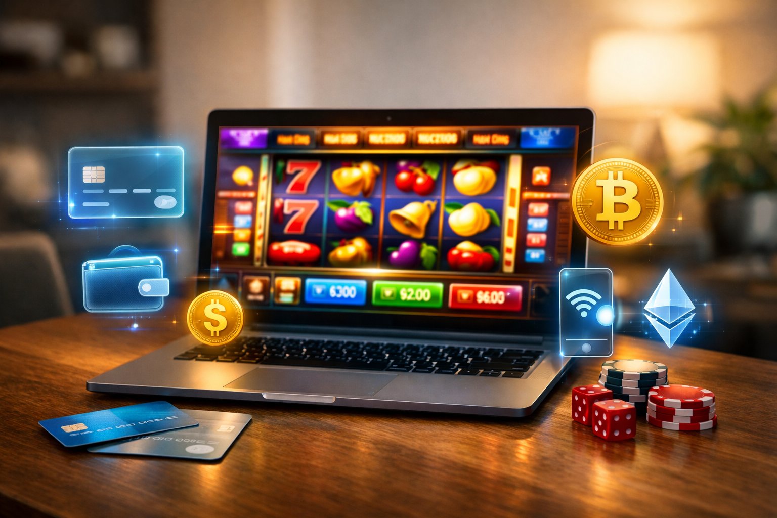A Laptop Showing An Online Casino Interface Surrounded By Icons Representing Different Payment Methods Including Credit Cards And Cryptocurrencies On A Clean Workspace.