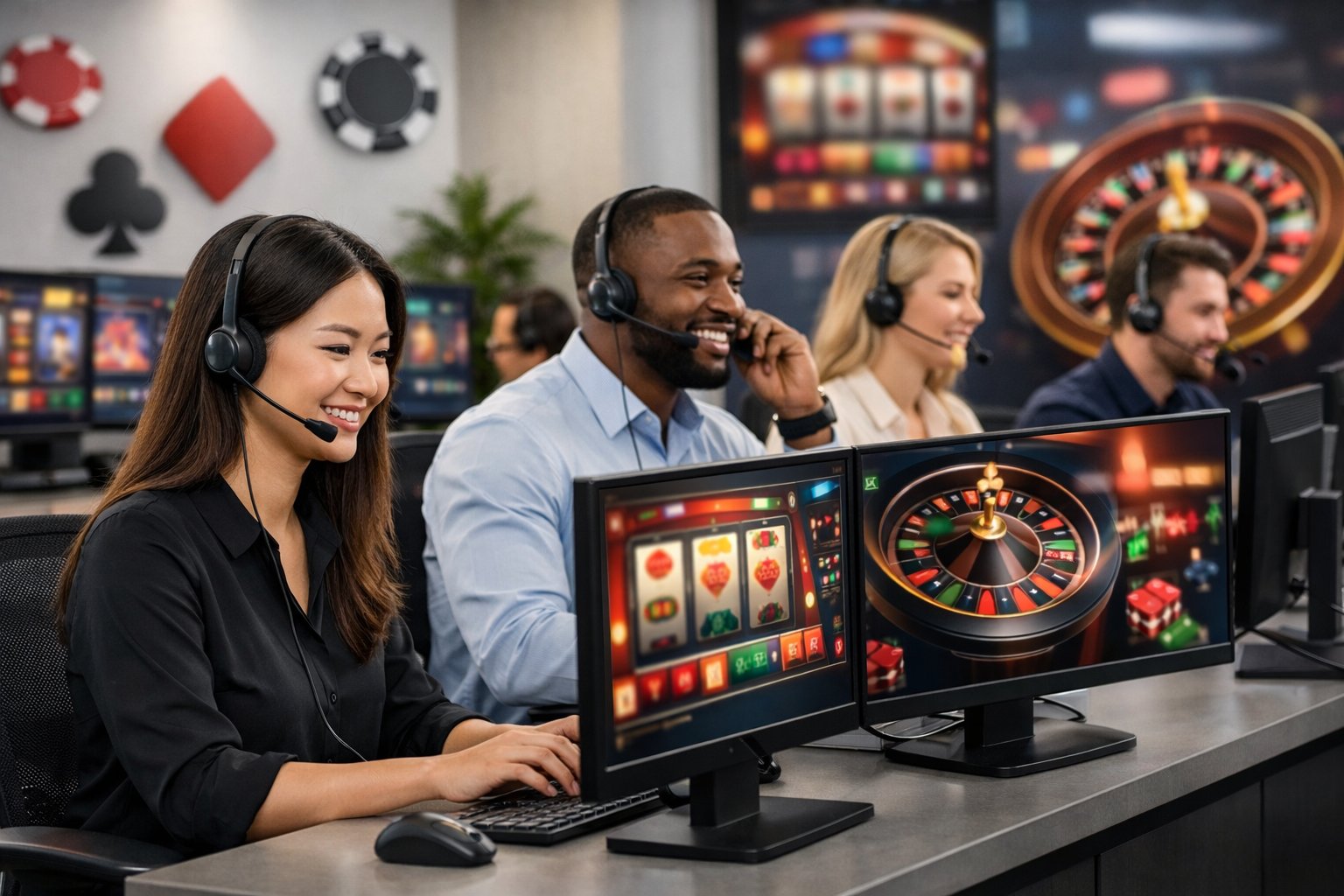 Customer Support Representatives Wearing Headsets Working At Computers In A Modern Office Environment Focused On Online Casino Services.