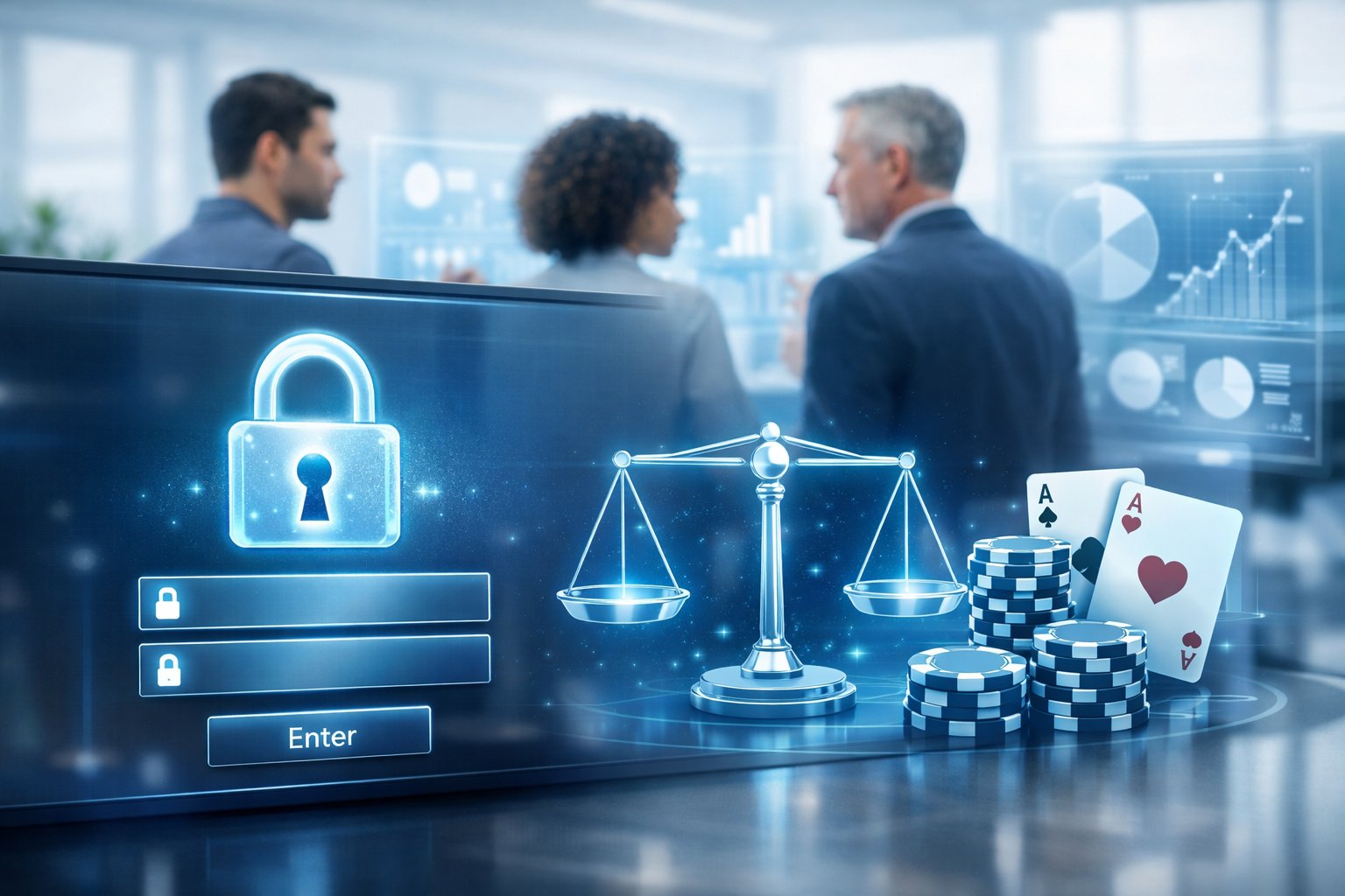 A Group Of Professionals Working With Digital Screens Showing Security And Fairness Symbols In A Modern Office.