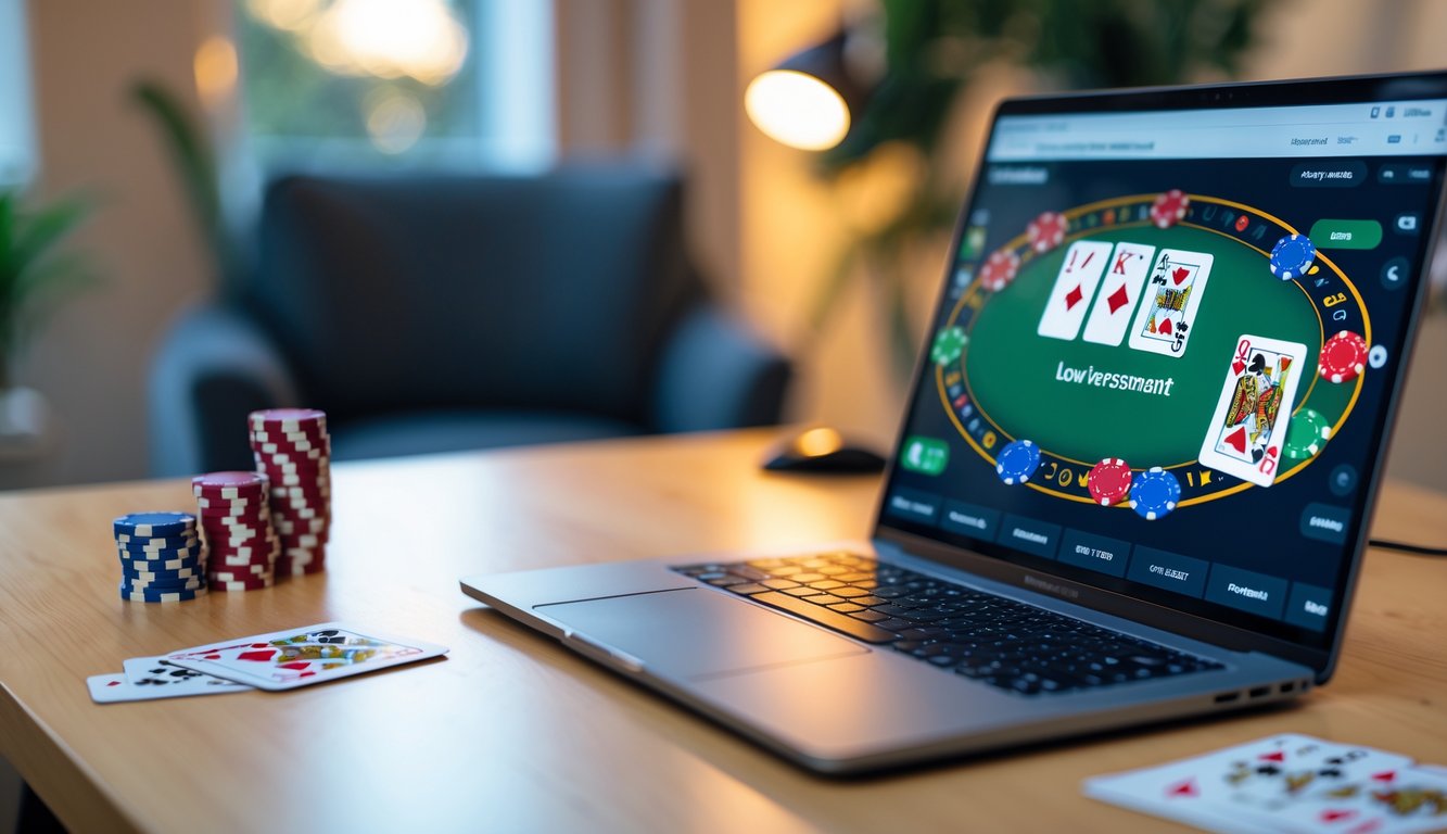 Sebuah laptop di atas meja kayu dengan permainan poker online di layar, dikelilingi tumpukan chip poker dan kartu bermain, di ruangan yang tenang dan terang.