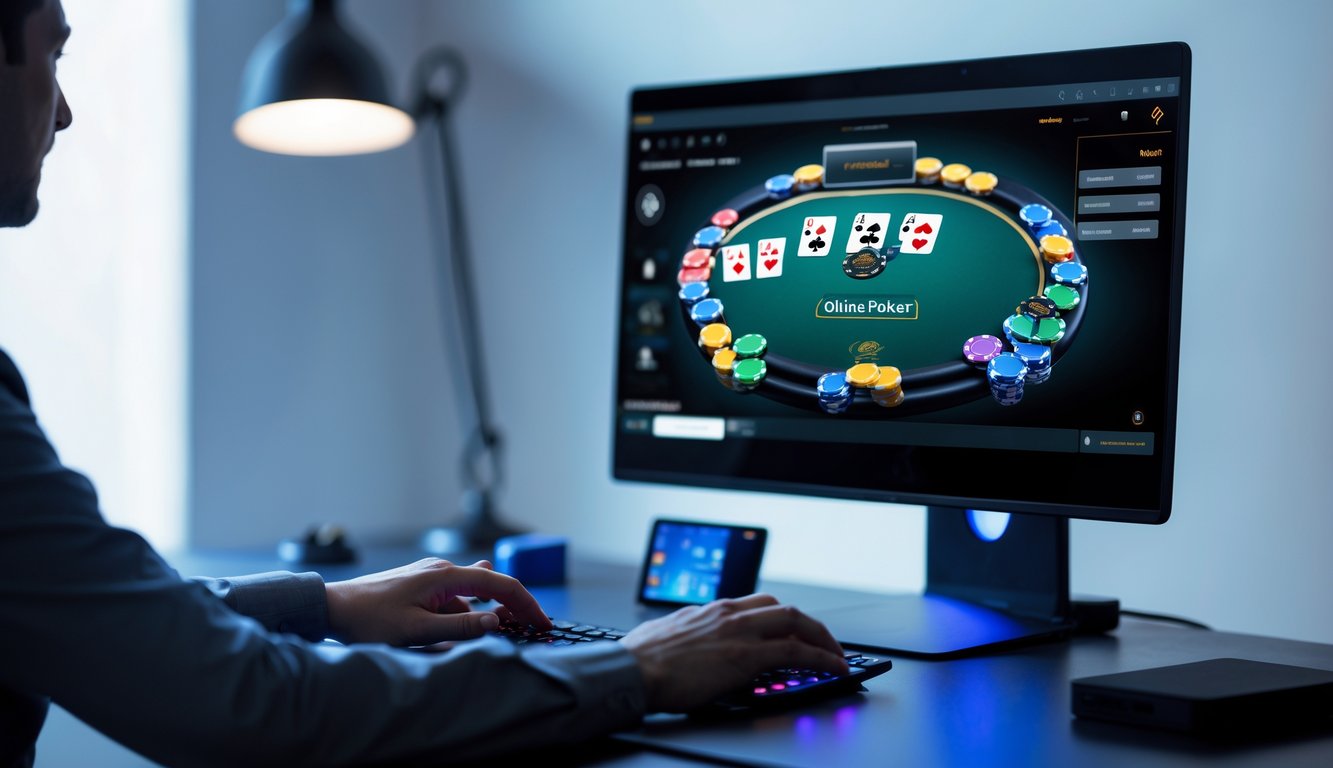 Seseorang bermain poker online di depan komputer dengan tumpukan chip dan kartu di layar.