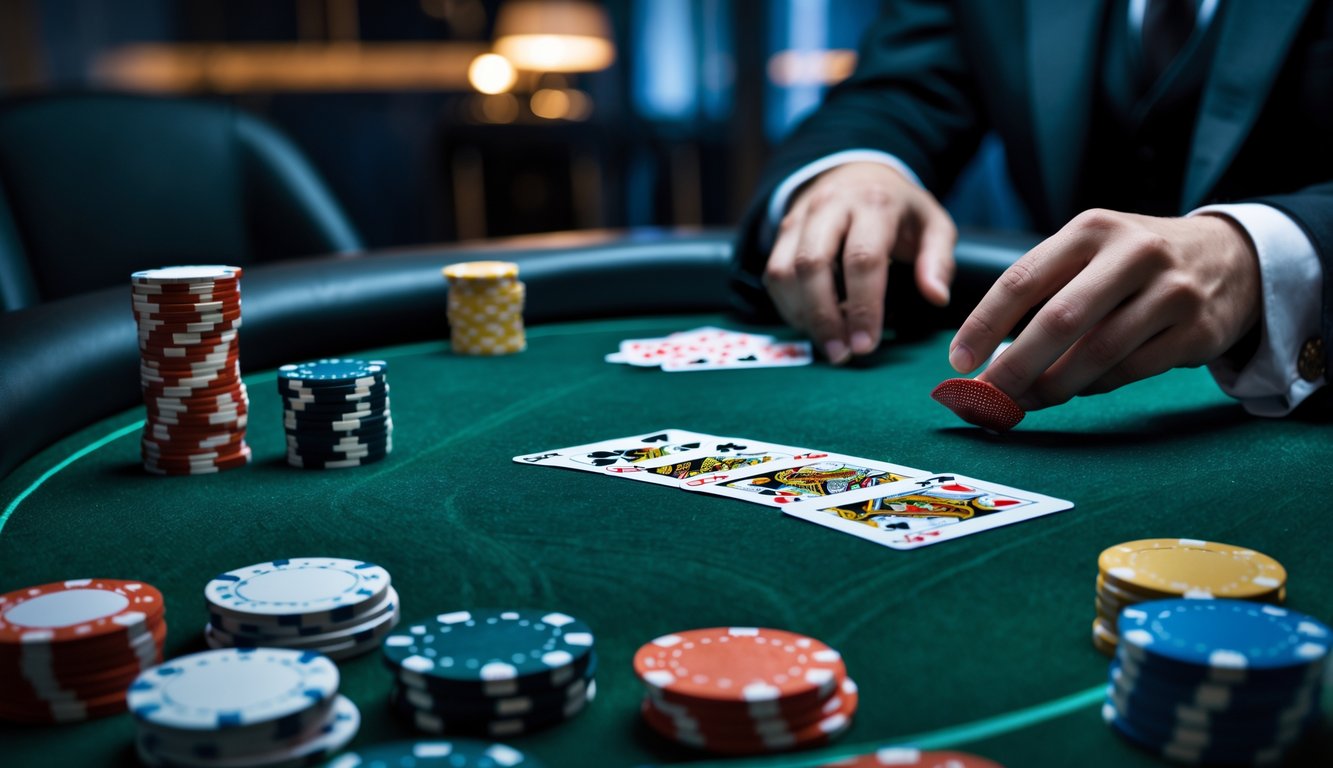 Meja poker dengan chip dan kartu, seorang pemain mengenakan jas sedang membagikan kartu di ruangan yang tenang dan teratur.