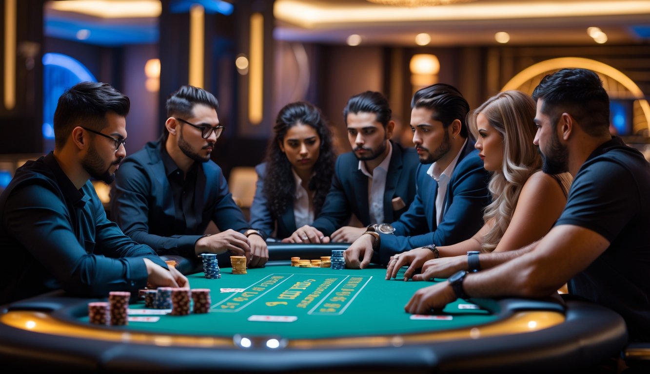 Sejumlah pemain poker sedang bermain di meja dengan suasana kasino yang hangat dan fokus.