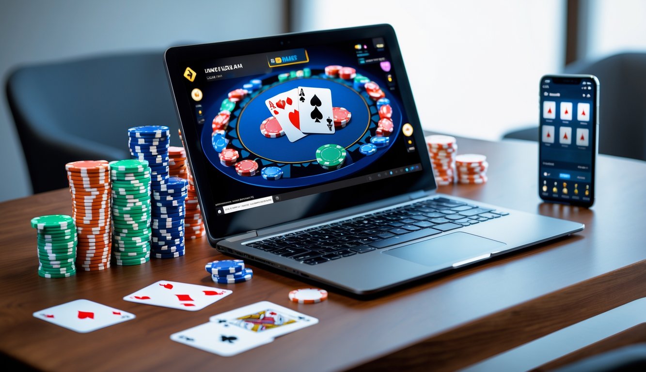 Seorang pemain poker online menggunakan laptop dengan kartu dan chip poker di atas meja kayu.