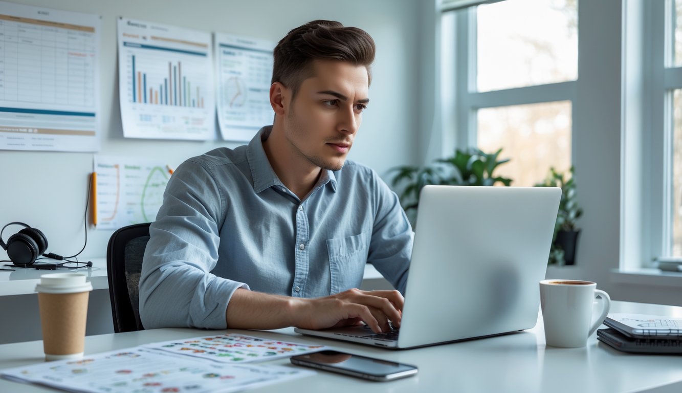 Seorang dewasa muda duduk di meja dengan laptop terbuka, terlihat fokus belajar tentang judi online di ruang kerja yang terang dan rapi.
