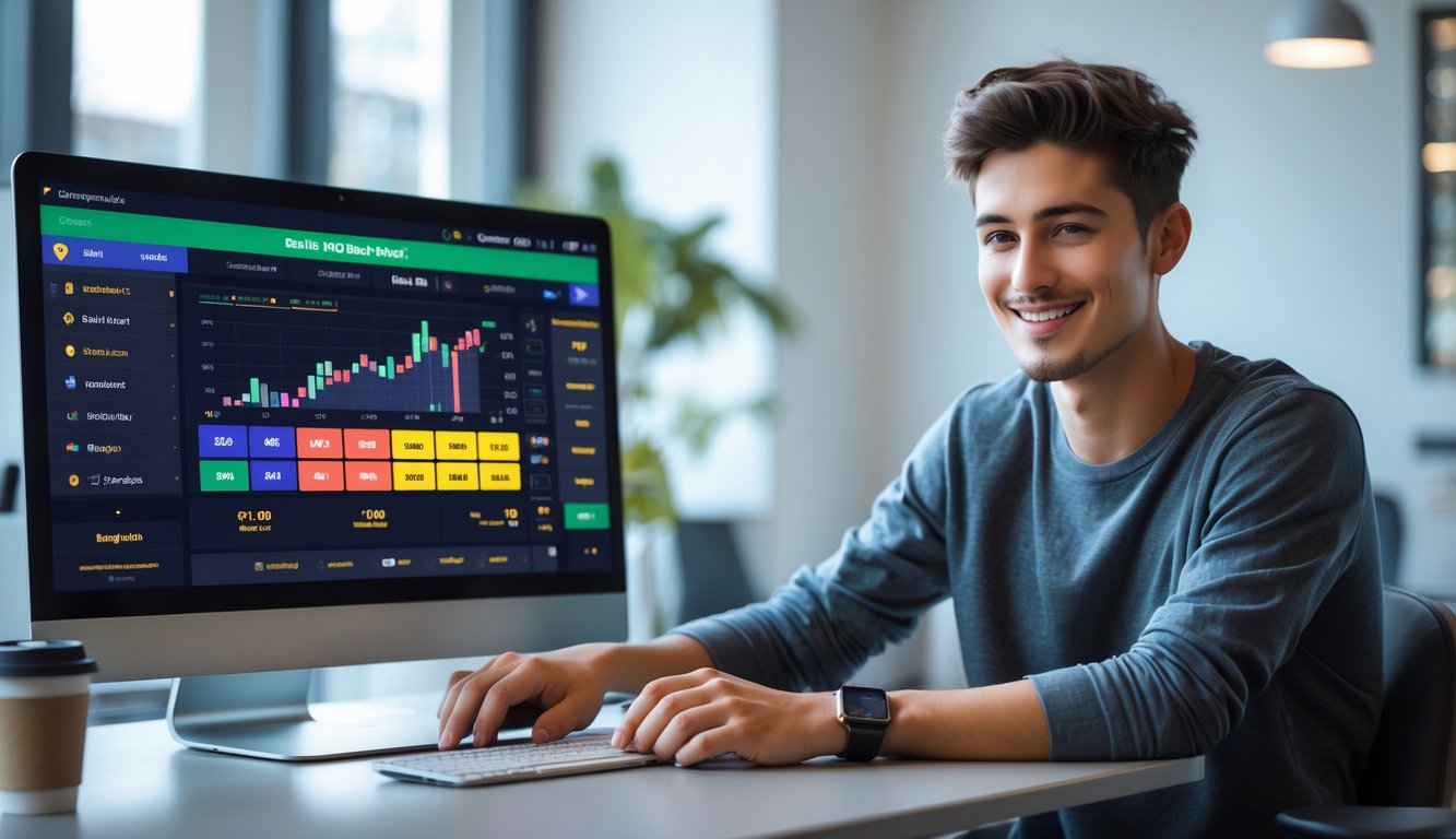 Seseorang sedang menggunakan komputer dan ponsel untuk bermain judi online di ruang kantor yang rapi dan terang.