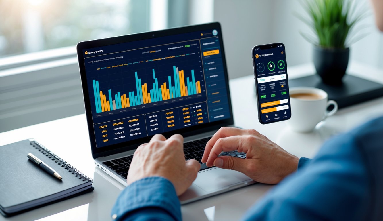 Seorang individu sedang bekerja dengan laptop dan ponsel di meja yang rapi, fokus pada strategi judi online.