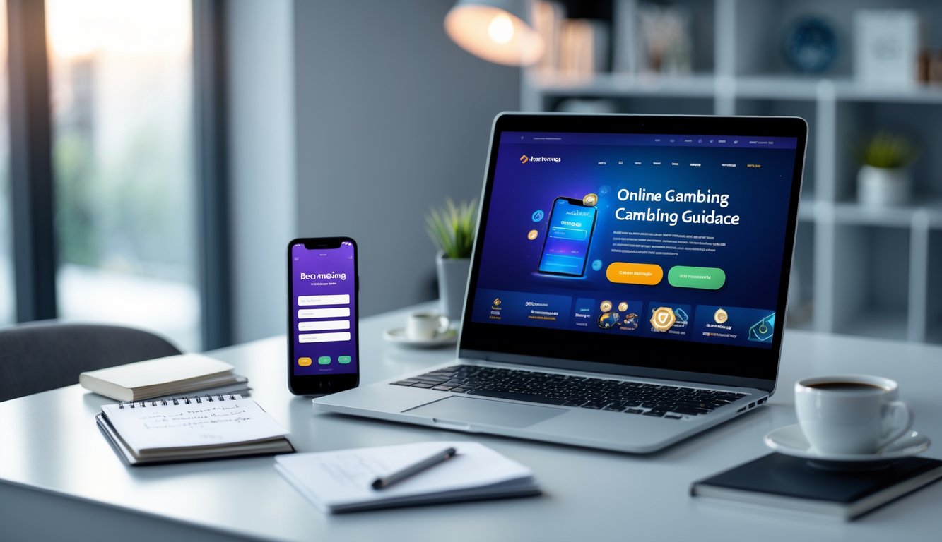 Meja kerja modern dengan laptop yang menampilkan platform judi online, smartphone dengan layar login, catatan, dan cangkir kopi di sekitarnya.