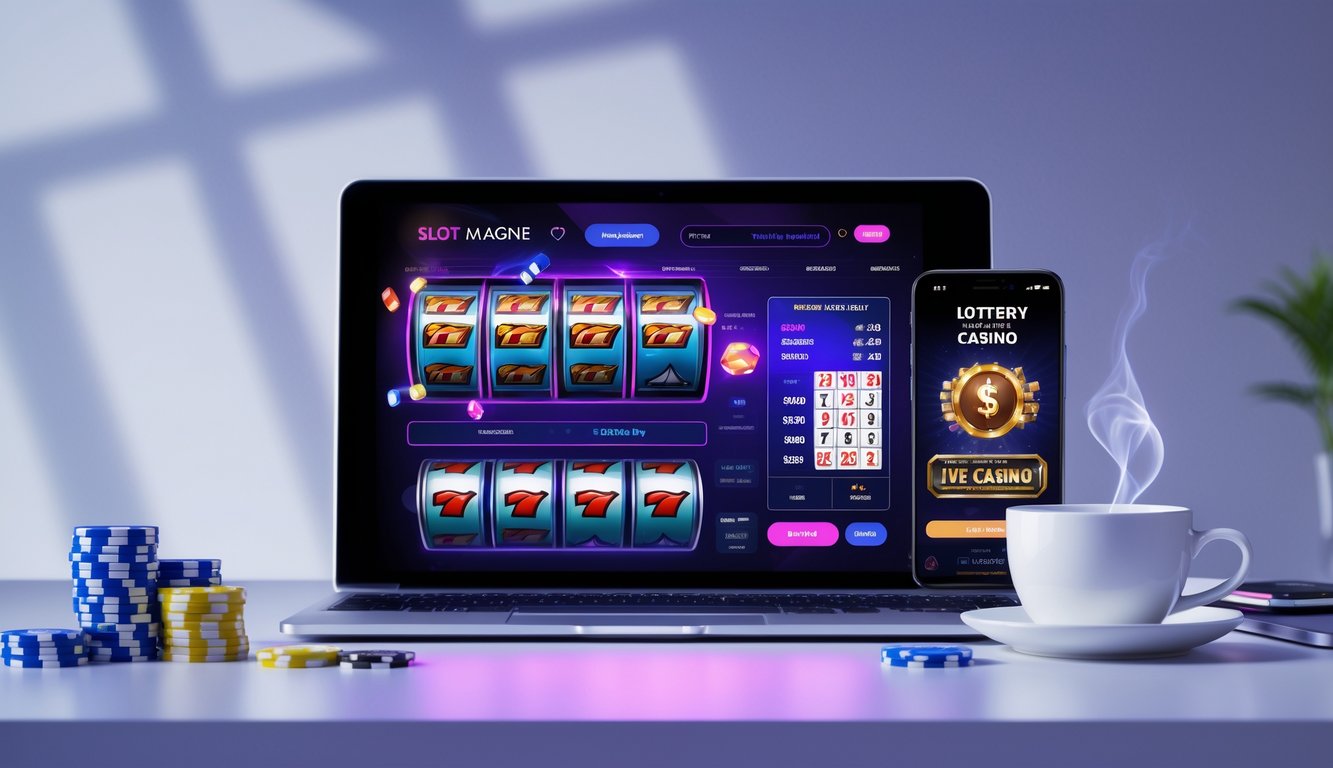 Sebuah meja dengan laptop menampilkan permainan slot, smartphone dengan permainan kasino langsung, dan tiket togel digital, menunjukkan suasana judi online.