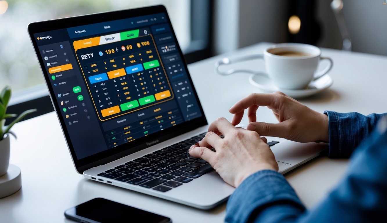 Seseorang menggunakan laptop di meja kerja dengan suasana tenang, menampilkan platform judi online dengan pilihan taruhan yang berwarna-warni.