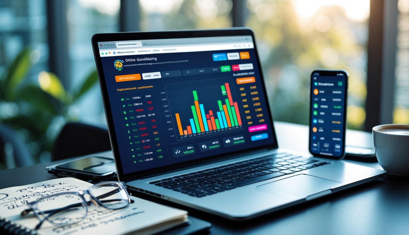 Meja kerja dengan laptop yang menampilkan situs judi online, buku catatan, ponsel, dan secangkir kopi di dekat jendela dengan cahaya alami.