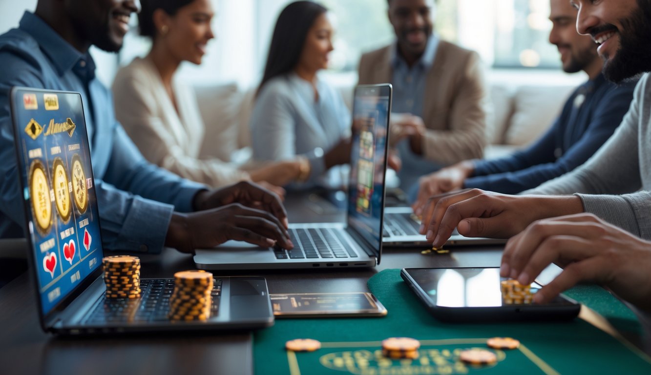 Sekelompok orang bermain permainan judi online menggunakan laptop dan ponsel di ruangan yang nyaman dan terang.