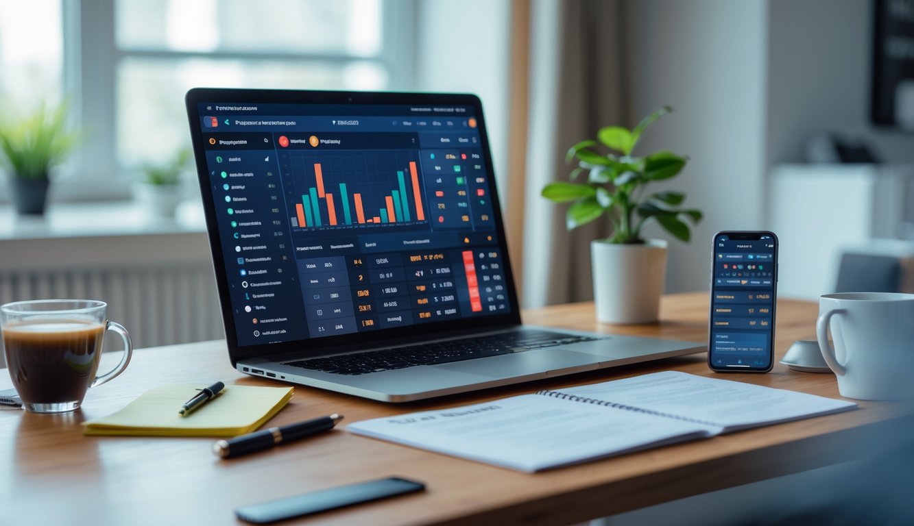 Seorang pria sedang bekerja di depan laptop dengan layar menampilkan antarmuka taruhan online, di meja terdapat catatan, pena, kopi, dan ponsel, di ruang kerja rumah yang terang.