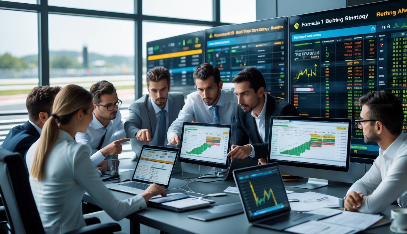 Sekelompok profesional sedang menganalisis data balap Formula 1 di ruang kerja modern dengan layar besar dan perangkat teknologi.