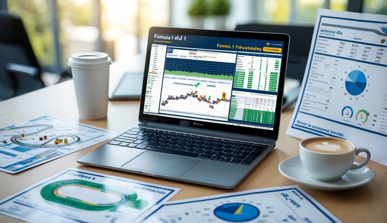 Sebuah ruang kerja modern dengan laptop yang menampilkan grafik dan statistik Formula 1, peta sirkuit, dan diagram cuaca di meja.