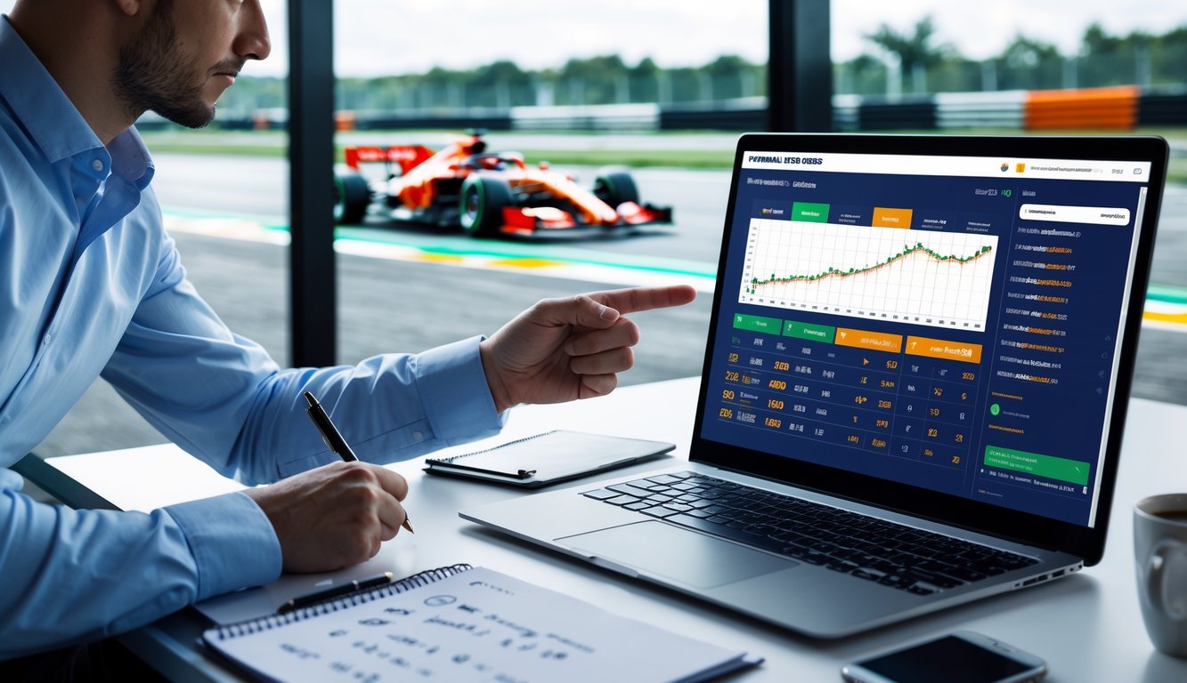 Seorang pria sedang menganalisis data taruhan Formula 1 di laptop di sebuah meja kerja dengan latar belakang mobil Formula 1 yang sedang melaju di lintasan.