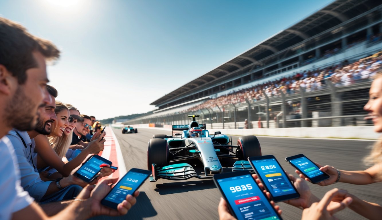 Mobil Formula 1 yang melaju kencang di lintasan dengan sekelompok orang yang antusias menggunakan perangkat digital untuk bertaruh.