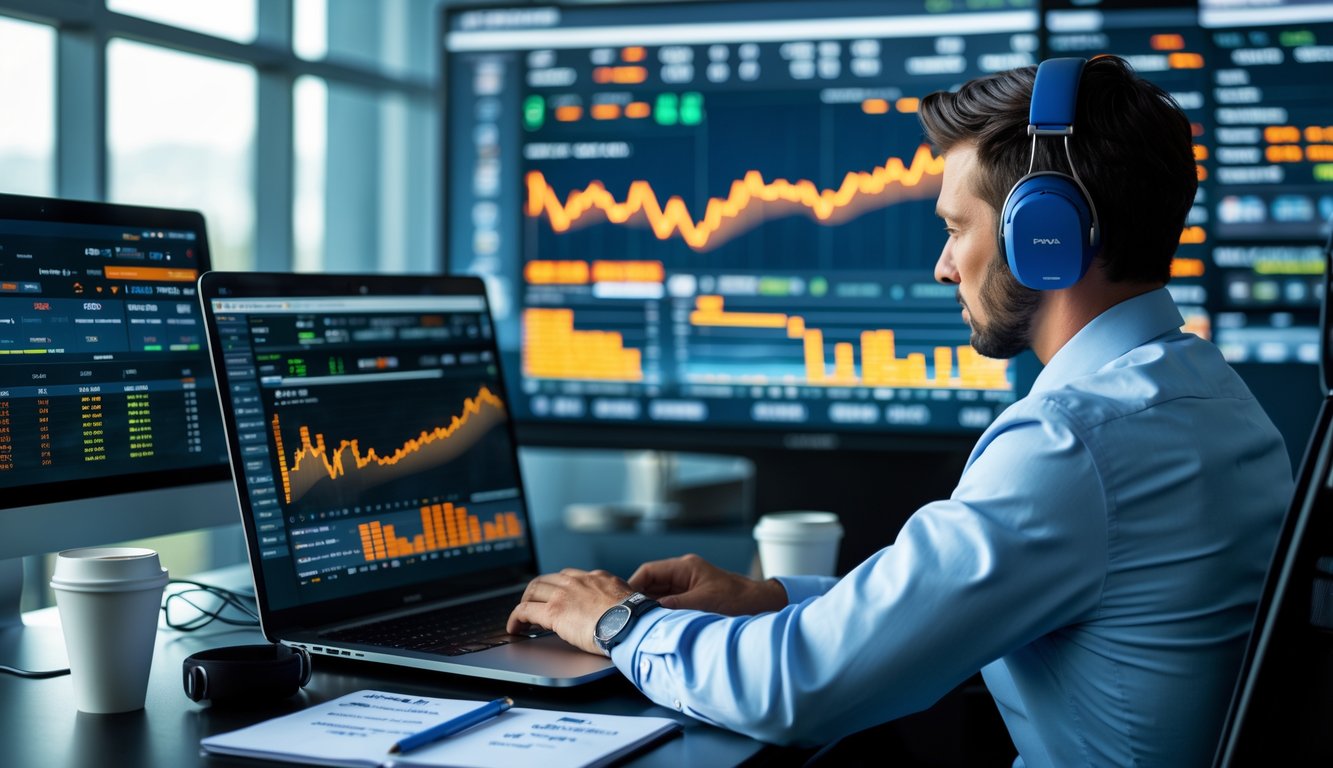 Seorang profesional sedang menganalisis data taruhan Formula 1 di kantor modern dengan layar digital besar yang menampilkan informasi balapan secara langsung.