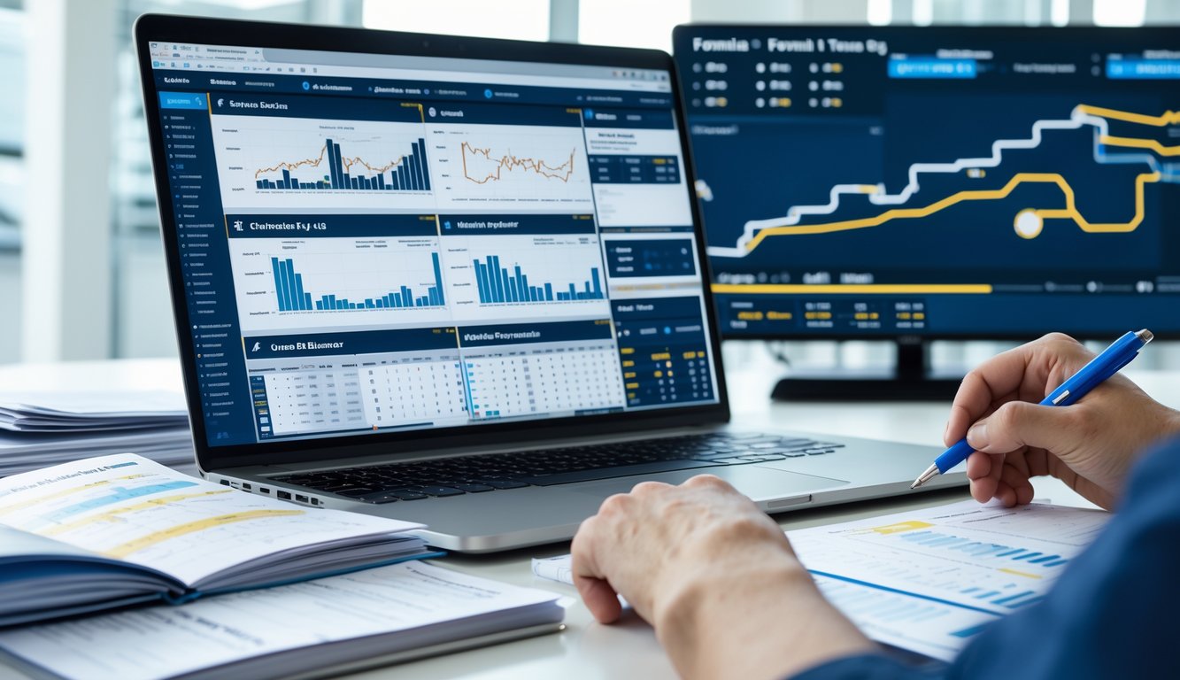 Seseorang sedang menganalisis data Formula 1 menggunakan laptop dan catatan di meja kerja dengan layar besar menampilkan peta lintasan balap di latar belakang.
