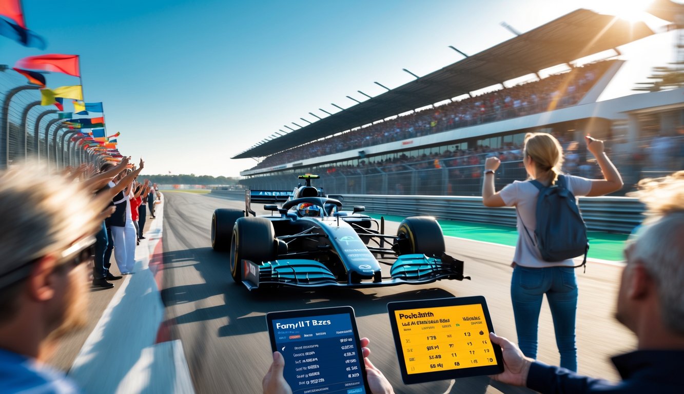 Seorang kelompok orang melihat layar digital dengan statistik balapan Formula 1 dan mobil balap sedang melaju cepat di lintasan.